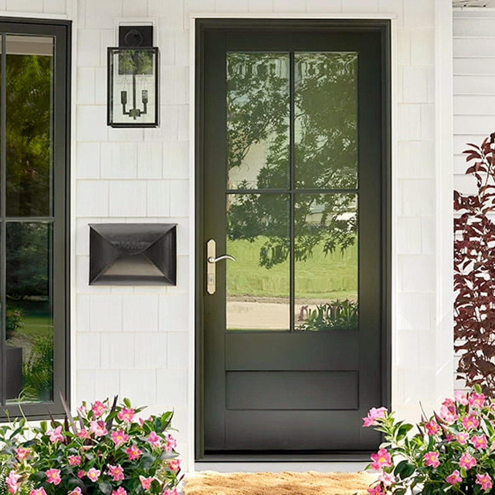 Pella door detail showing glass, frame, and hardware